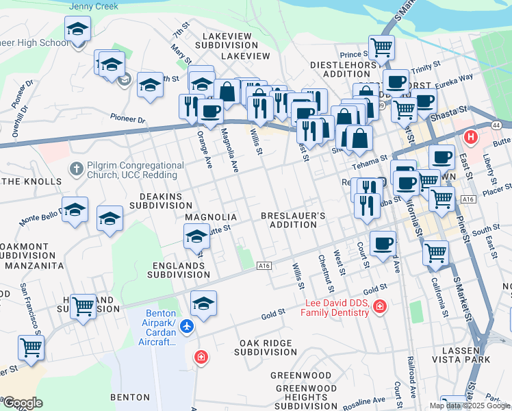 map of restaurants, bars, coffee shops, grocery stores, and more near 1445 Magnolia Avenue in Redding