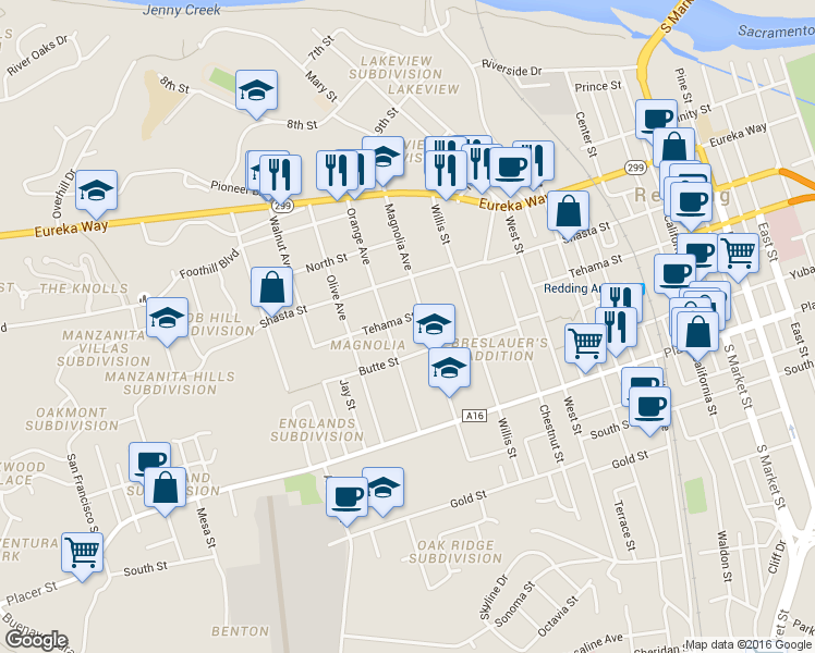 map of restaurants, bars, coffee shops, grocery stores, and more near 1415 Orange Avenue in Redding