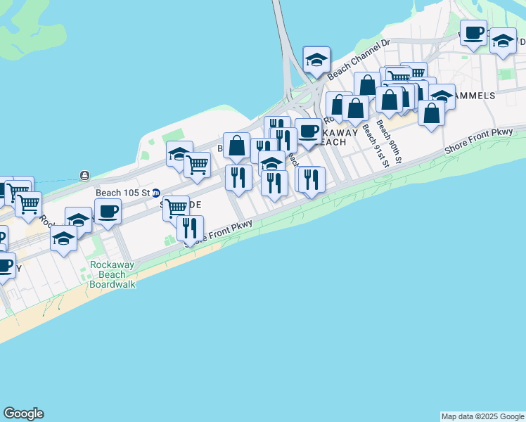 map of restaurants, bars, coffee shops, grocery stores, and more near 100-14 Shore Front Parkway in Queens