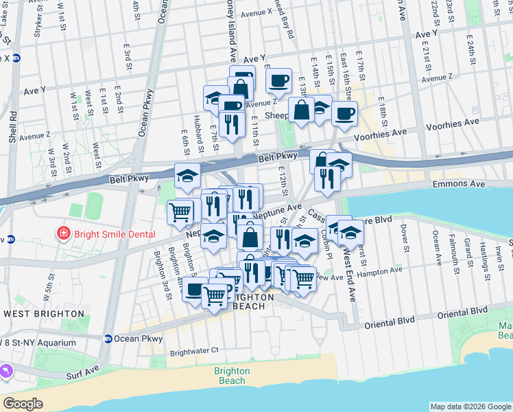 map of restaurants, bars, coffee shops, grocery stores, and more near 2804 East 11th Street in Brooklyn