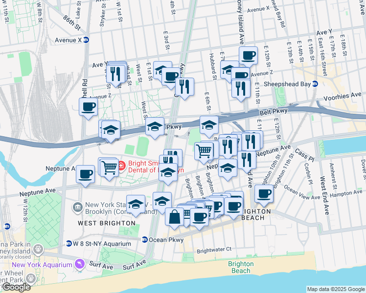 map of restaurants, bars, coffee shops, grocery stores, and more near 2727 Ocean Parkway in Brooklyn