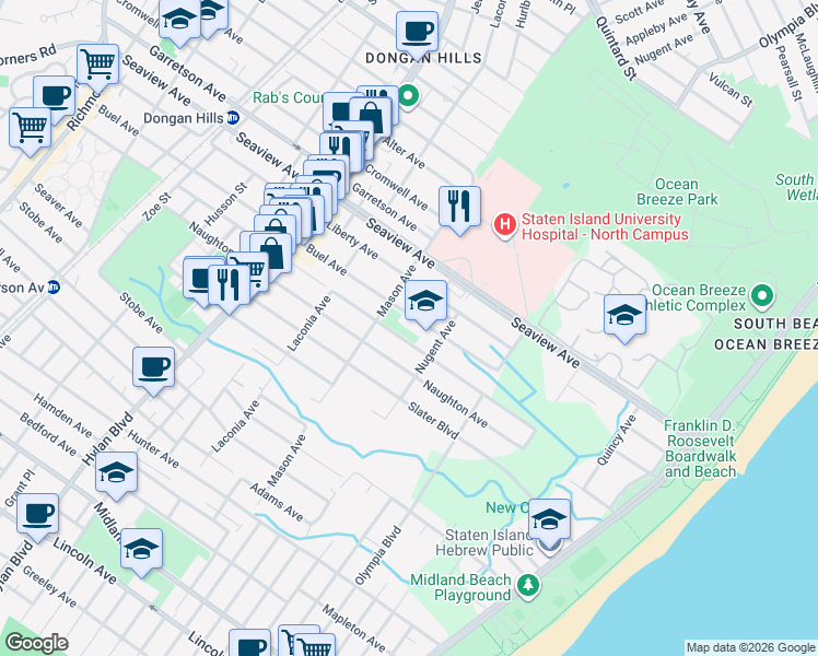 map of restaurants, bars, coffee shops, grocery stores, and more near 386 Dongan Hills Avenue in Staten Island