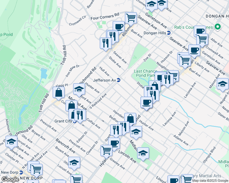 map of restaurants, bars, coffee shops, grocery stores, and more near 126 Adams Avenue in Staten Island