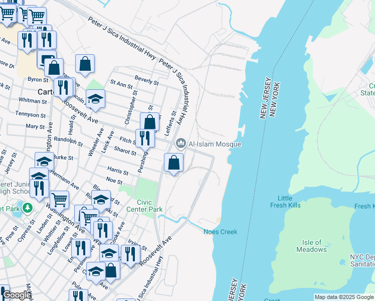 map of restaurants, bars, coffee shops, grocery stores, and more near 511 Roosevelt Avenue in Carteret
