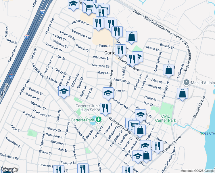 map of restaurants, bars, coffee shops, grocery stores, and more near 12B Catherine Street in Carteret