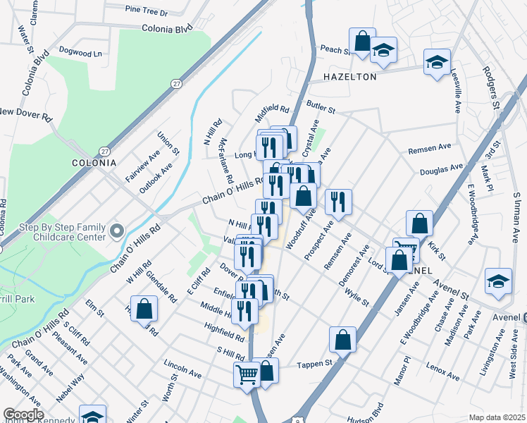 map of restaurants, bars, coffee shops, grocery stores, and more near 1275 Saint Georges Avenue in Woodbridge Township