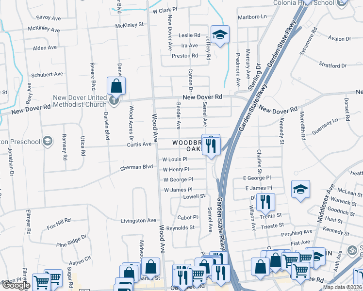 map of restaurants, bars, coffee shops, grocery stores, and more near 55 West Iselin Parkway in Woodbridge Township