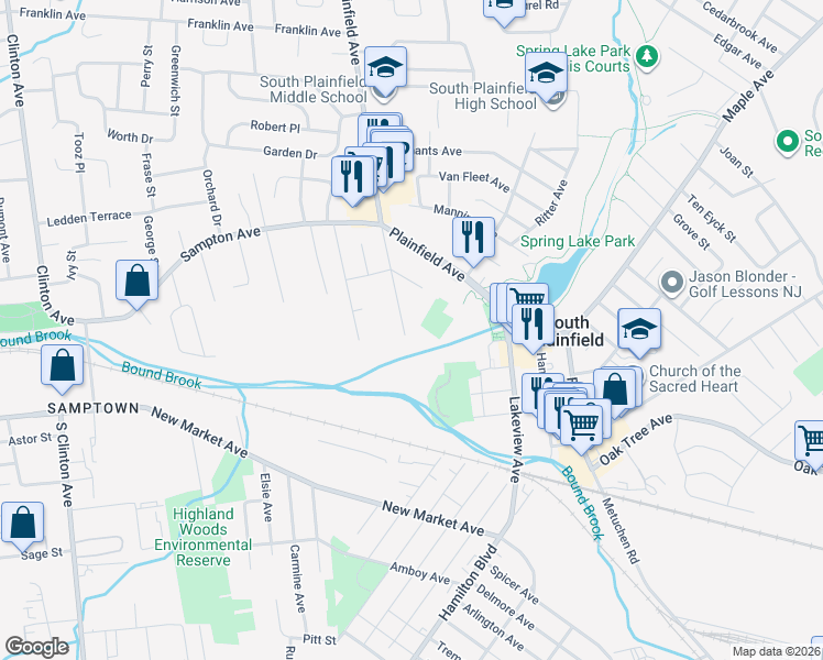 map of restaurants, bars, coffee shops, grocery stores, and more near 233 Lowden Avenue in South Plainfield