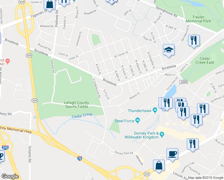 map of restaurants, bars, coffee shops, grocery stores, and more near 4035 Cardinal Court in Allentown
