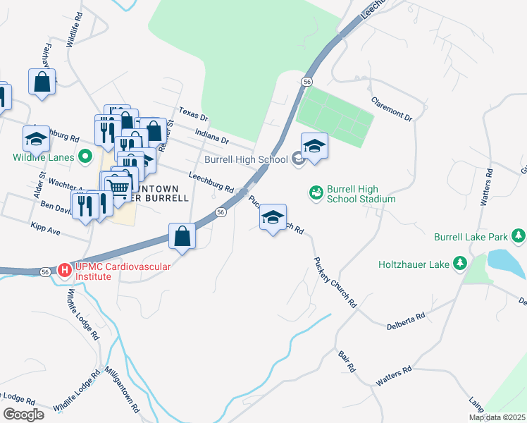 map of restaurants, bars, coffee shops, grocery stores, and more near 1006 Puckety Church Road in Lower Burrell