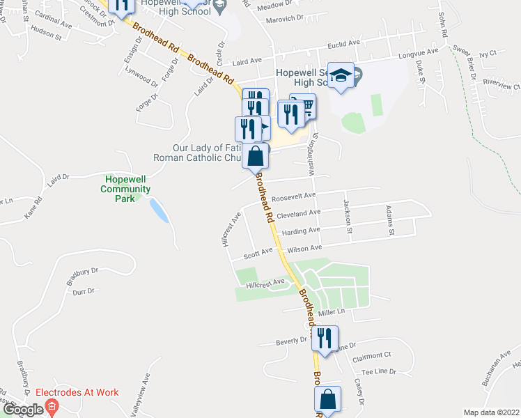 map of restaurants, bars, coffee shops, grocery stores, and more near 2241 Brodhead Road in Aliquippa