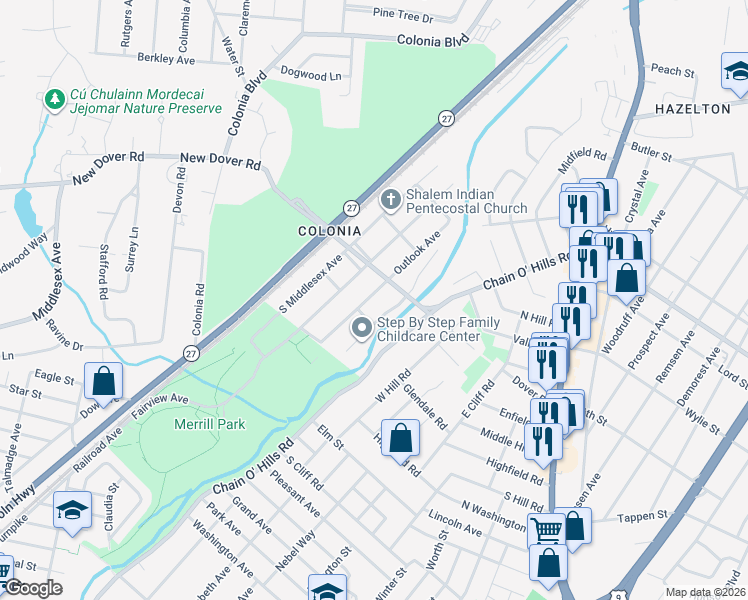 map of restaurants, bars, coffee shops, grocery stores, and more near 5 Outlook Avenue in Woodbridge Township