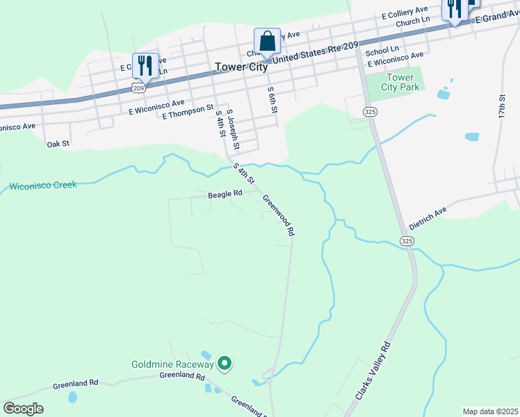 map of restaurants, bars, coffee shops, grocery stores, and more near 402 Greenwood Road in Tower City