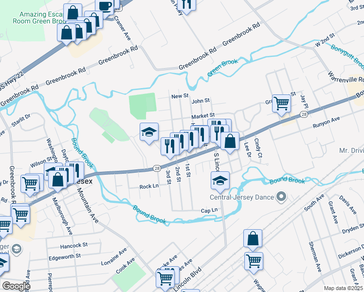 map of restaurants, bars, coffee shops, grocery stores, and more near 313 1st Street in Middlesex