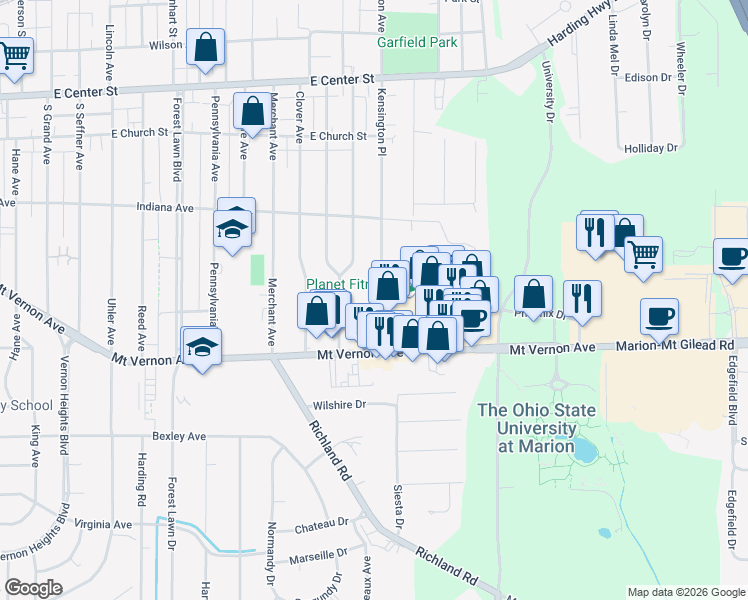 map of restaurants, bars, coffee shops, grocery stores, and more near 441 Kensington Place in Marion