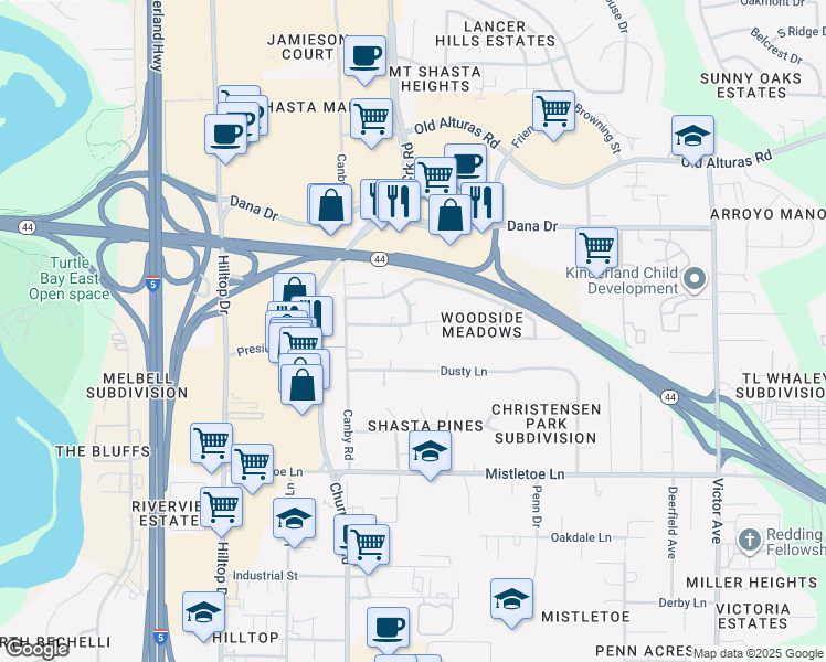 map of restaurants, bars, coffee shops, grocery stores, and more near 1201 Hawthorne Avenue in Redding