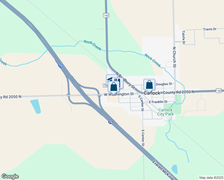 map of restaurants, bars, coffee shops, grocery stores, and more near 301 West Washington Street in Carlock