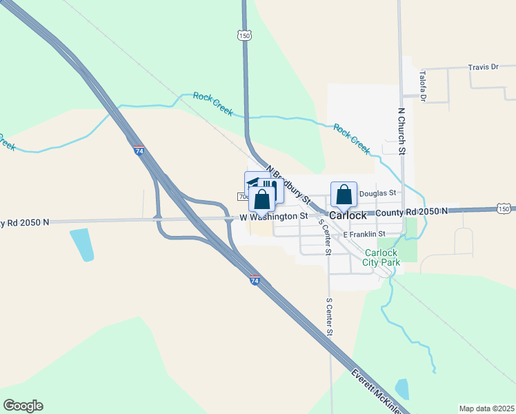 map of restaurants, bars, coffee shops, grocery stores, and more near 301 West Washington Street in Carlock