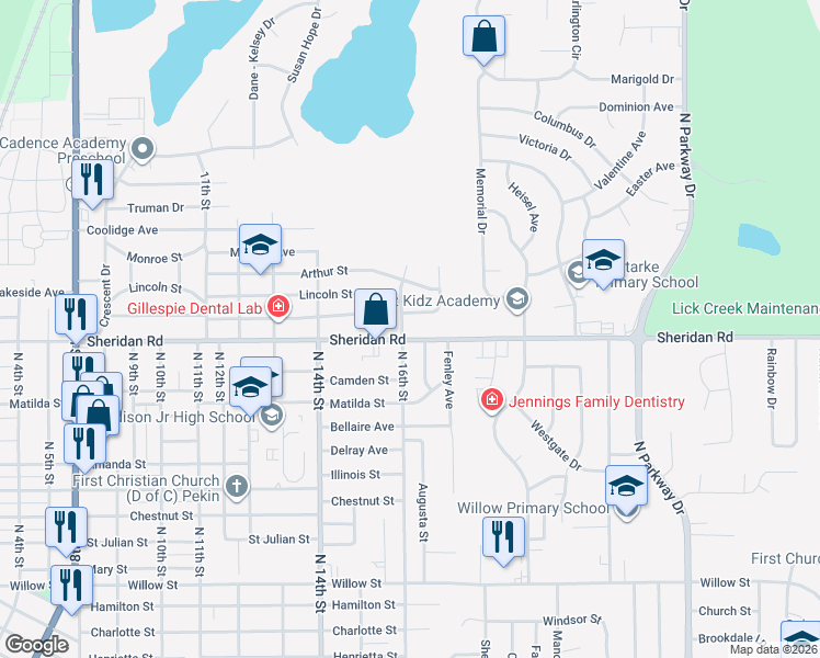 map of restaurants, bars, coffee shops, grocery stores, and more near 1603 Sheridan Road in Pekin