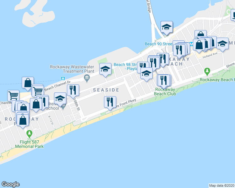 map of restaurants, bars, coffee shops, grocery stores, and more near Beach 102nd Lane in Queens