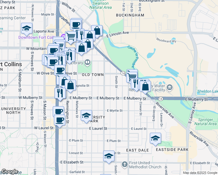 map of restaurants, bars, coffee shops, grocery stores, and more near 405 Smith Street in Fort Collins