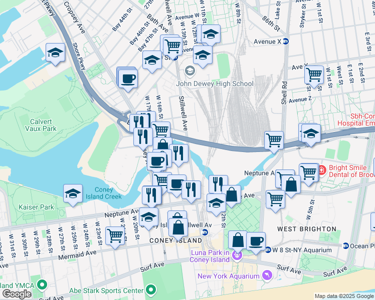 map of restaurants, bars, coffee shops, grocery stores, and more near 2656 Stillwell Avenue in Brooklyn