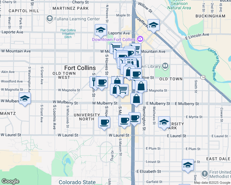 map of restaurants, bars, coffee shops, grocery stores, and more near 211 West Magnolia Street in Fort Collins