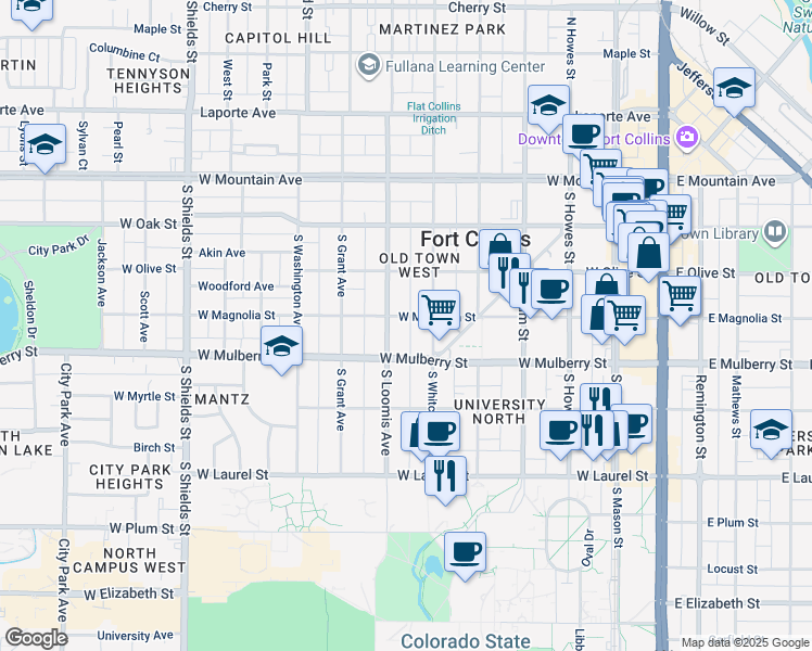 map of restaurants, bars, coffee shops, grocery stores, and more near 619 West Magnolia Street in Fort Collins