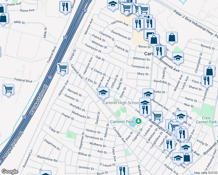 map of restaurants, bars, coffee shops, grocery stores, and more near 56 Elm Street in Carteret