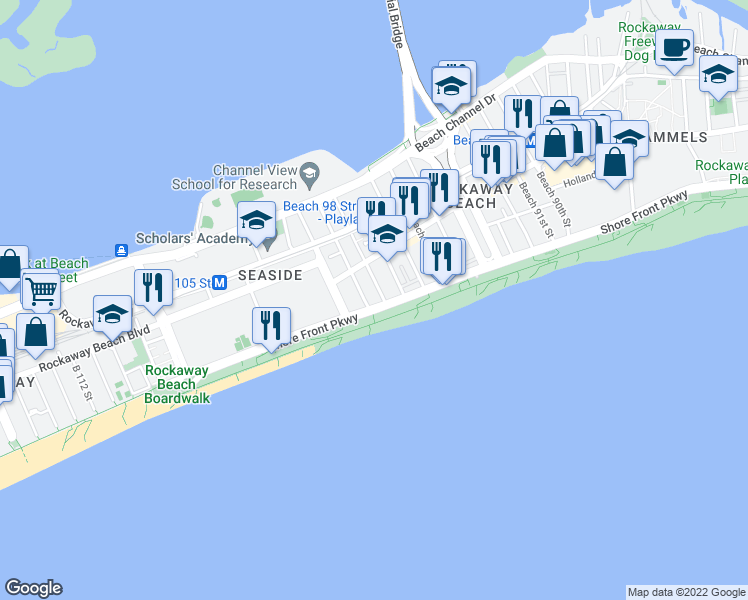 map of restaurants, bars, coffee shops, grocery stores, and more near 100-14 Shore Front Parkway in Queens
