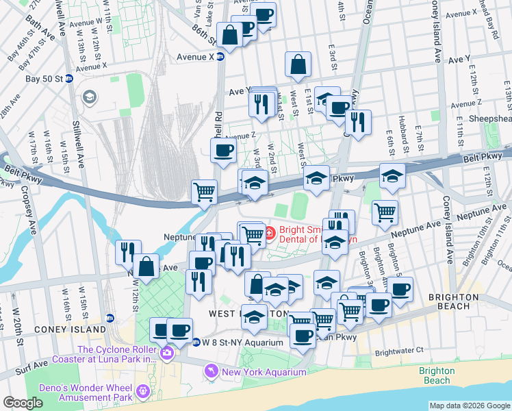 map of restaurants, bars, coffee shops, grocery stores, and more near 501 West Avenue in Brooklyn