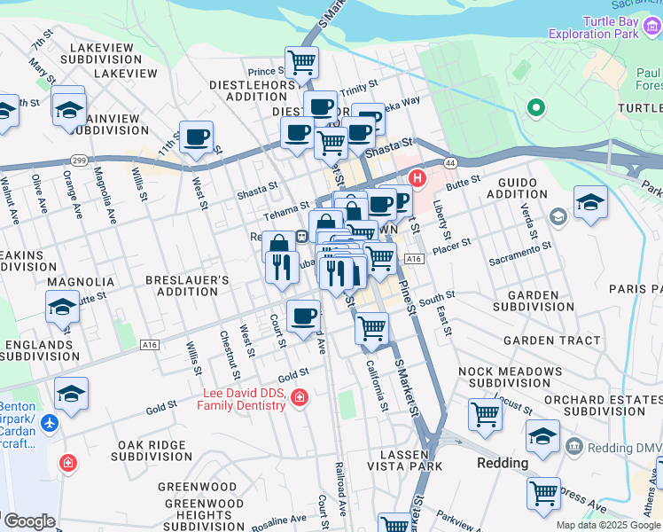 map of restaurants, bars, coffee shops, grocery stores, and more near 1552 Placer Street in Redding