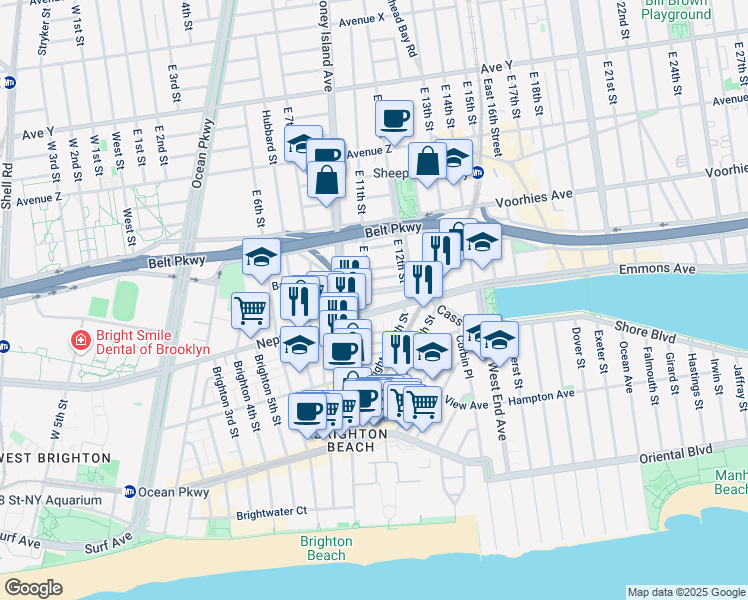 map of restaurants, bars, coffee shops, grocery stores, and more near 2804 East 11th Street in Brooklyn