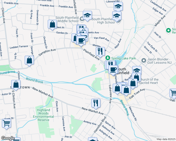 map of restaurants, bars, coffee shops, grocery stores, and more near 233 Lowden Avenue in South Plainfield