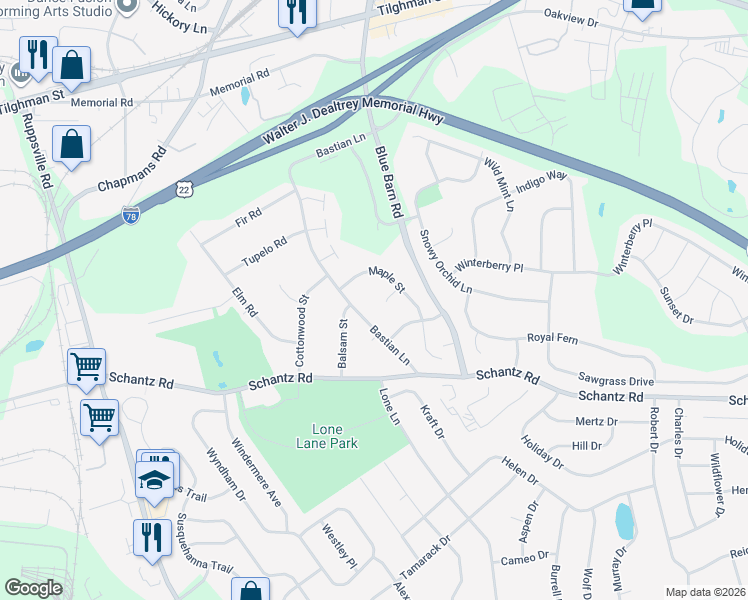 map of restaurants, bars, coffee shops, grocery stores, and more near 35 Bastian Lane in Allentown