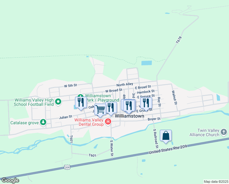 map of restaurants, bars, coffee shops, grocery stores, and more near 250 West Broad Street in Williamstown
