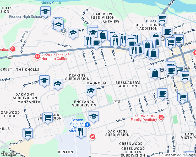 map of restaurants, bars, coffee shops, grocery stores, and more near 1360 Orange Street in Redding