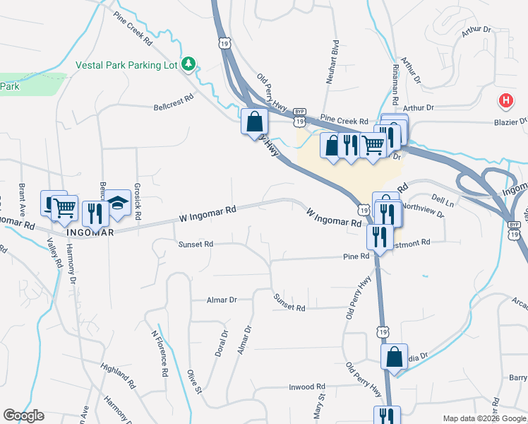 map of restaurants, bars, coffee shops, grocery stores, and more near 251 W Ingomar Rd in Pittsburgh