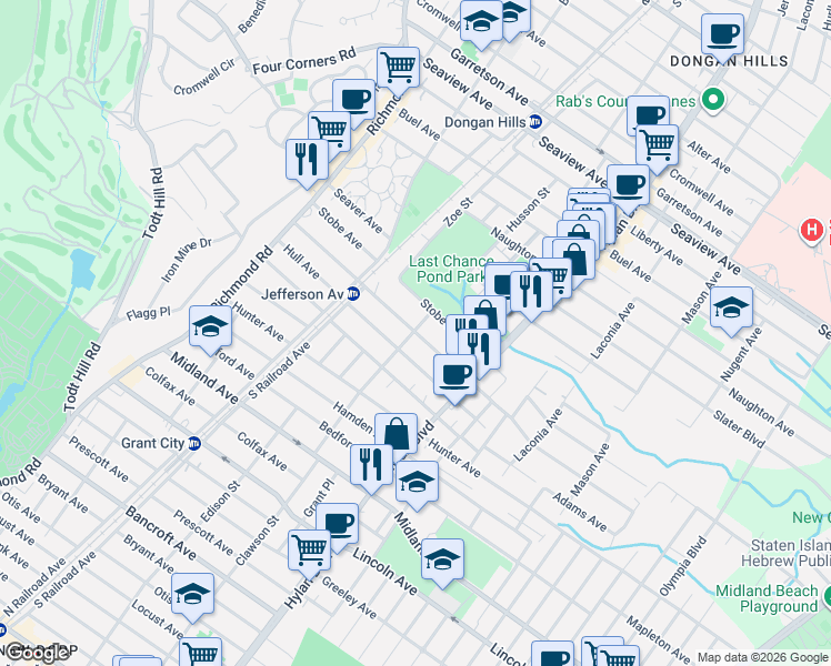 map of restaurants, bars, coffee shops, grocery stores, and more near 168 Jefferson Avenue in Staten Island