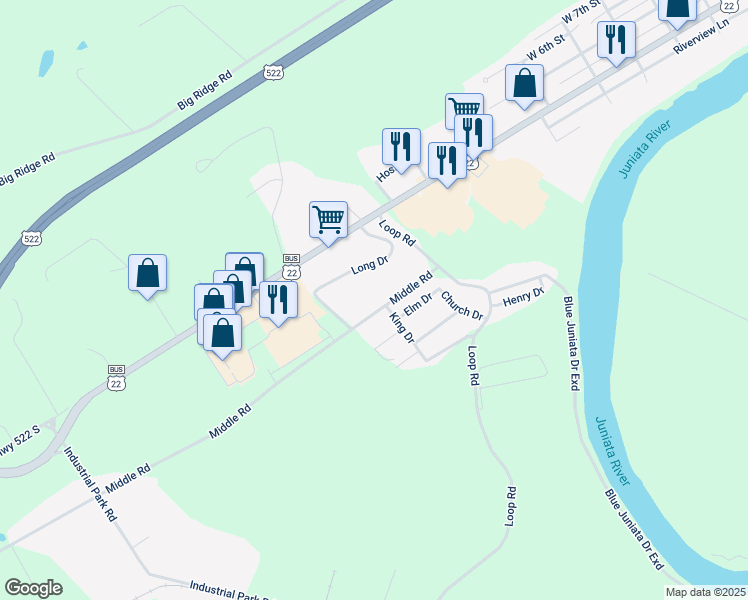 map of restaurants, bars, coffee shops, grocery stores, and more near 2497 Middle Road in Lewistown