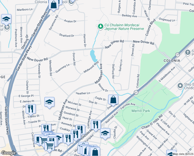 map of restaurants, bars, coffee shops, grocery stores, and more near 407 Middlesex Avenue in Woodbridge Township