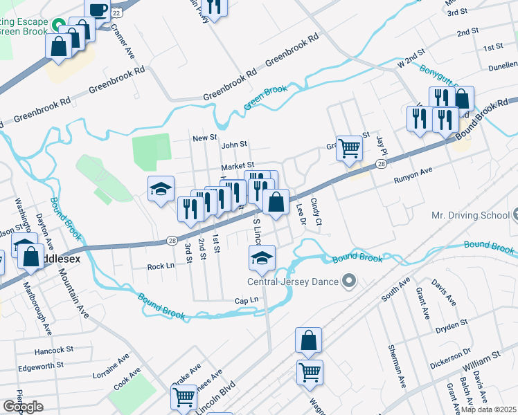 map of restaurants, bars, coffee shops, grocery stores, and more near 569 Bound Brook Road in Middlesex