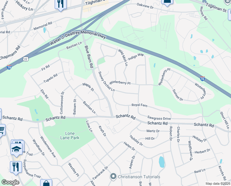 map of restaurants, bars, coffee shops, grocery stores, and more near 5835 Snowy Orchid Lane in Allentown