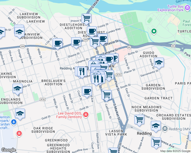 map of restaurants, bars, coffee shops, grocery stores, and more near 1552 Placer Street in Redding