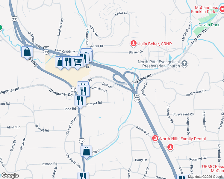map of restaurants, bars, coffee shops, grocery stores, and more near 280 Dell Lane in Pittsburgh