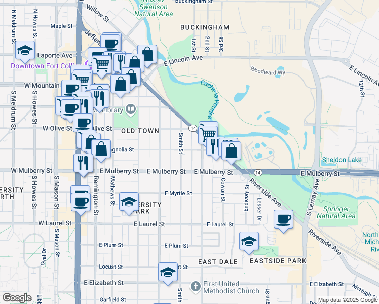 map of restaurants, bars, coffee shops, grocery stores, and more near 401 Lilac Lane in Fort Collins