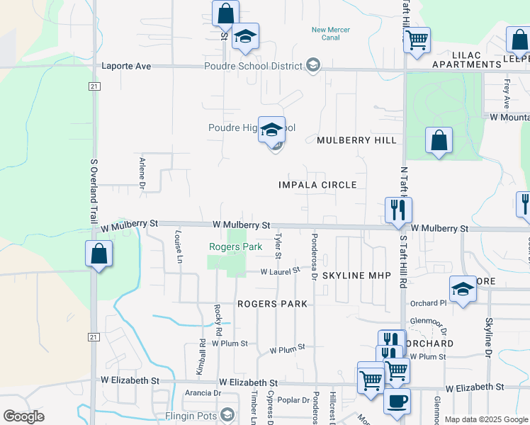 map of restaurants, bars, coffee shops, grocery stores, and more near 2424 West Mulberry Street in Fort Collins