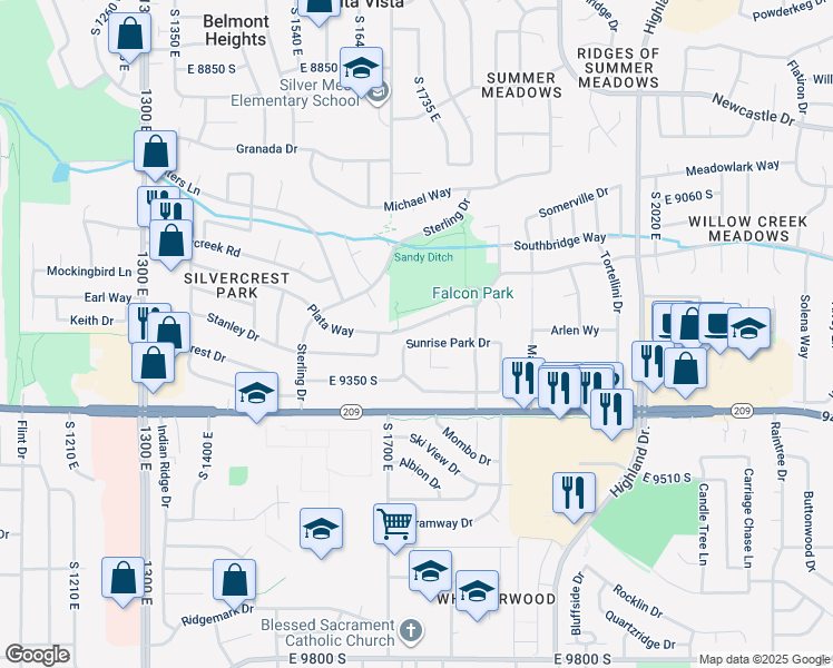 map of restaurants, bars, coffee shops, grocery stores, and more near 1727 Sunrise Park Drive in Sandy