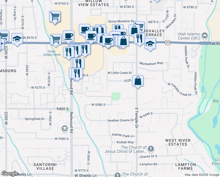 map of restaurants, bars, coffee shops, grocery stores, and more near 9312 Mac Duff Lane in West Jordan