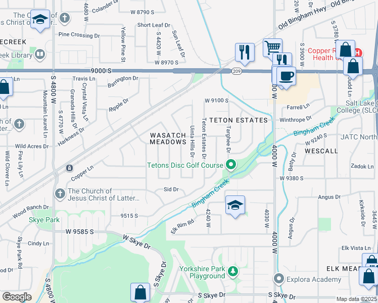 map of restaurants, bars, coffee shops, grocery stores, and more near 9299 Uinta Hills Drive in West Jordan